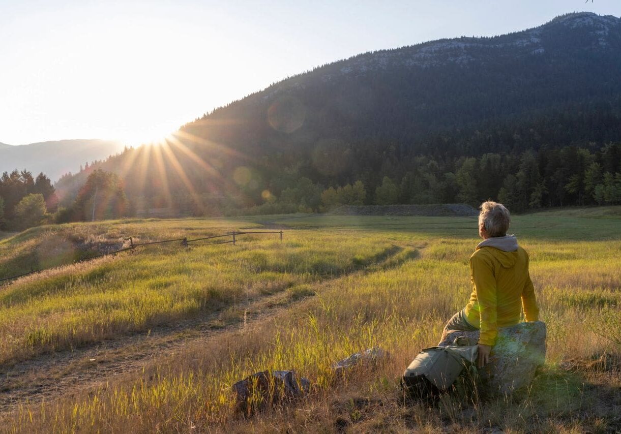Person enjoying sunrise over grassy field